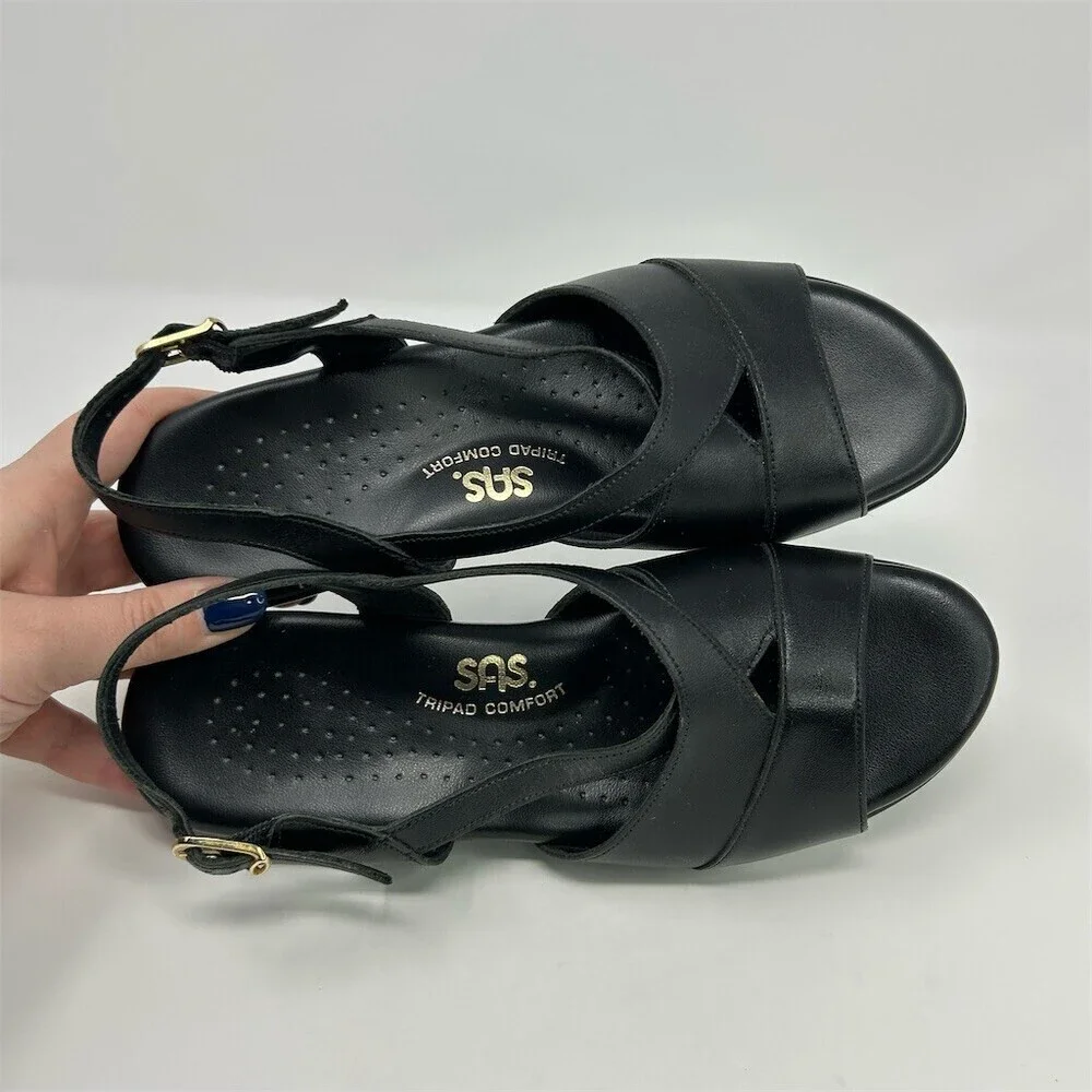 SAS Caress Women's Slingback Wedge Sandals Black Tripad Comfort Size 6.5 M
